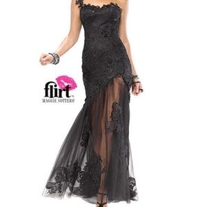 Maggie Sottero Flirt Black one shoulder beaded, lace dress. Size 2
